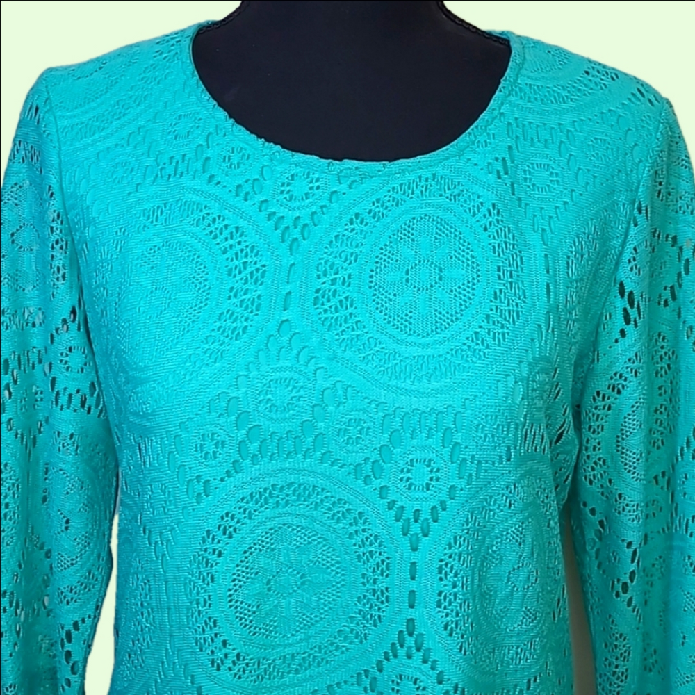 Tacera long bell sleeved teal dress. Lined crochet. Sz. S - Picture 2 of 8
